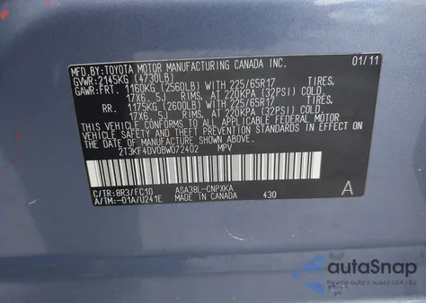 2011 Toyota Rav4 z USA, uszkodzony, nr VIN 2T3KF4DV0BW072402